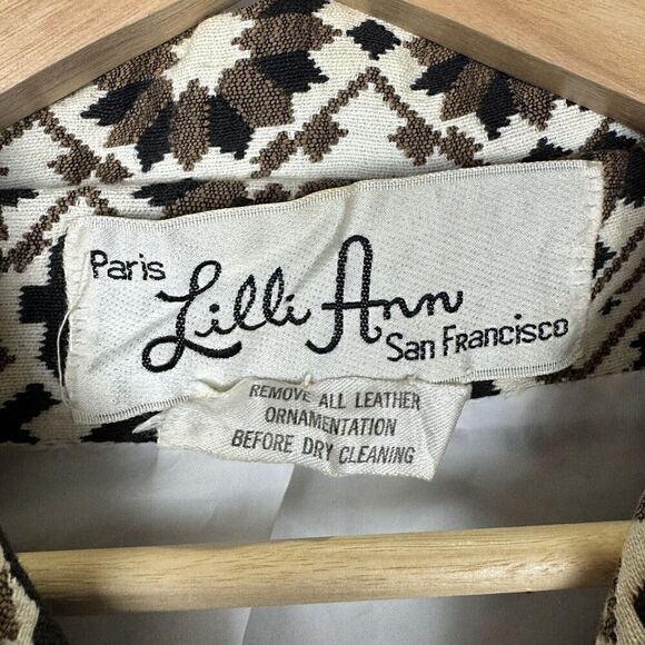 Vintage Rare 60s Lilli Ann Geometric Tapestry Leather Trim Swing Coat, Sz S - Picture 9 of 16